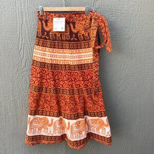 NWT Darn Good Yarn 100% Cotton Wrap Around Skirt Orange Elephants Midi‎ One Size